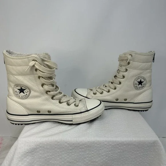 Converse Women's Size 8 Ivory Leather High Rise High Top Lined Lugged Back Zip - Picture 8 of 15